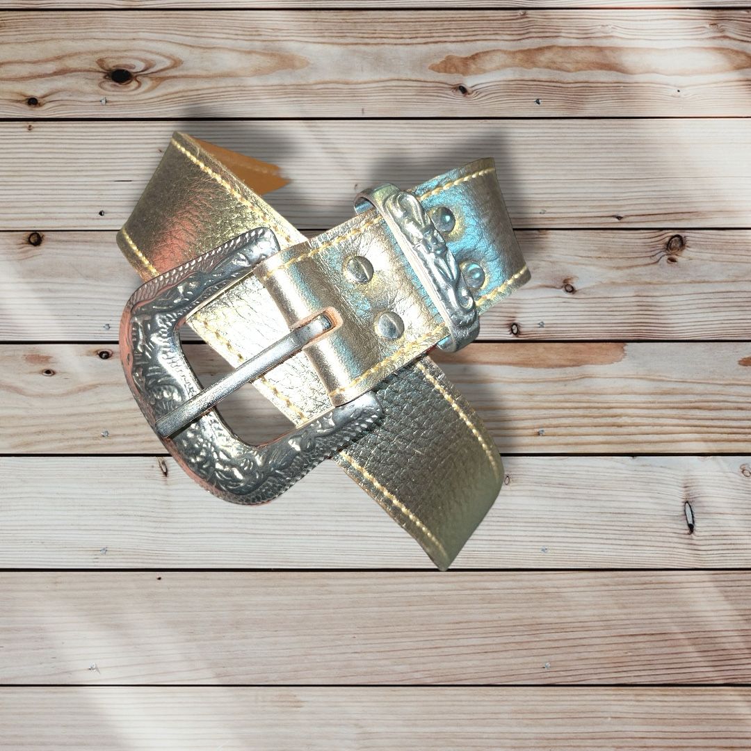 Cinturon mujer cuero dorado hebilla plata