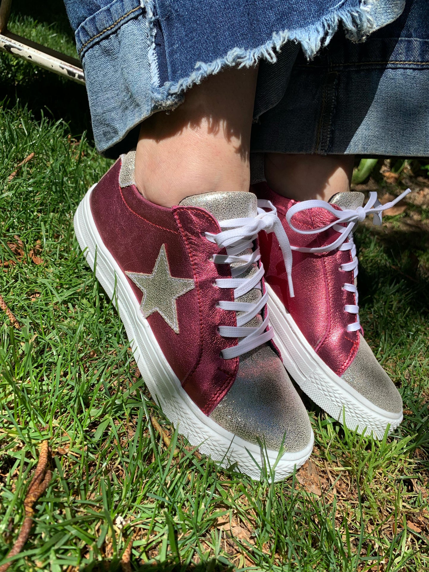 Zapatilla lima cuero fucsia, plateado