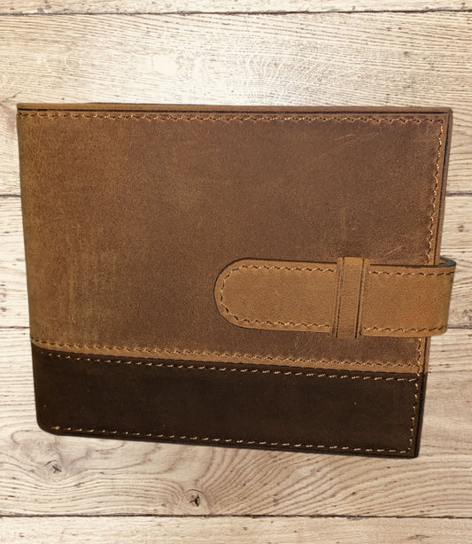 Billetera hombre cuero camel engrasado, c/ sujetador