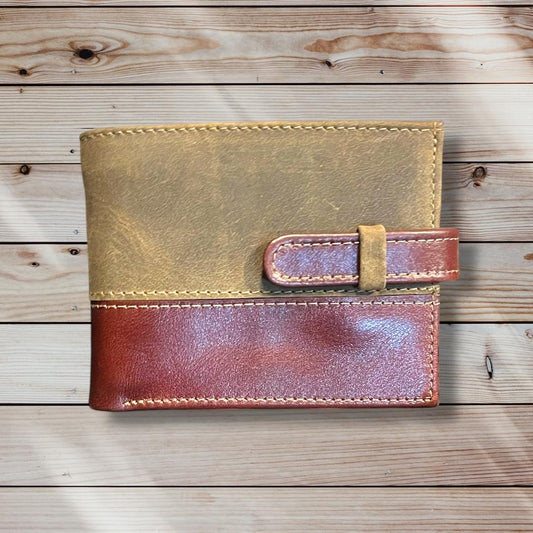Billetera hombre cuero camel engrasado, c/ cafe y sujetador